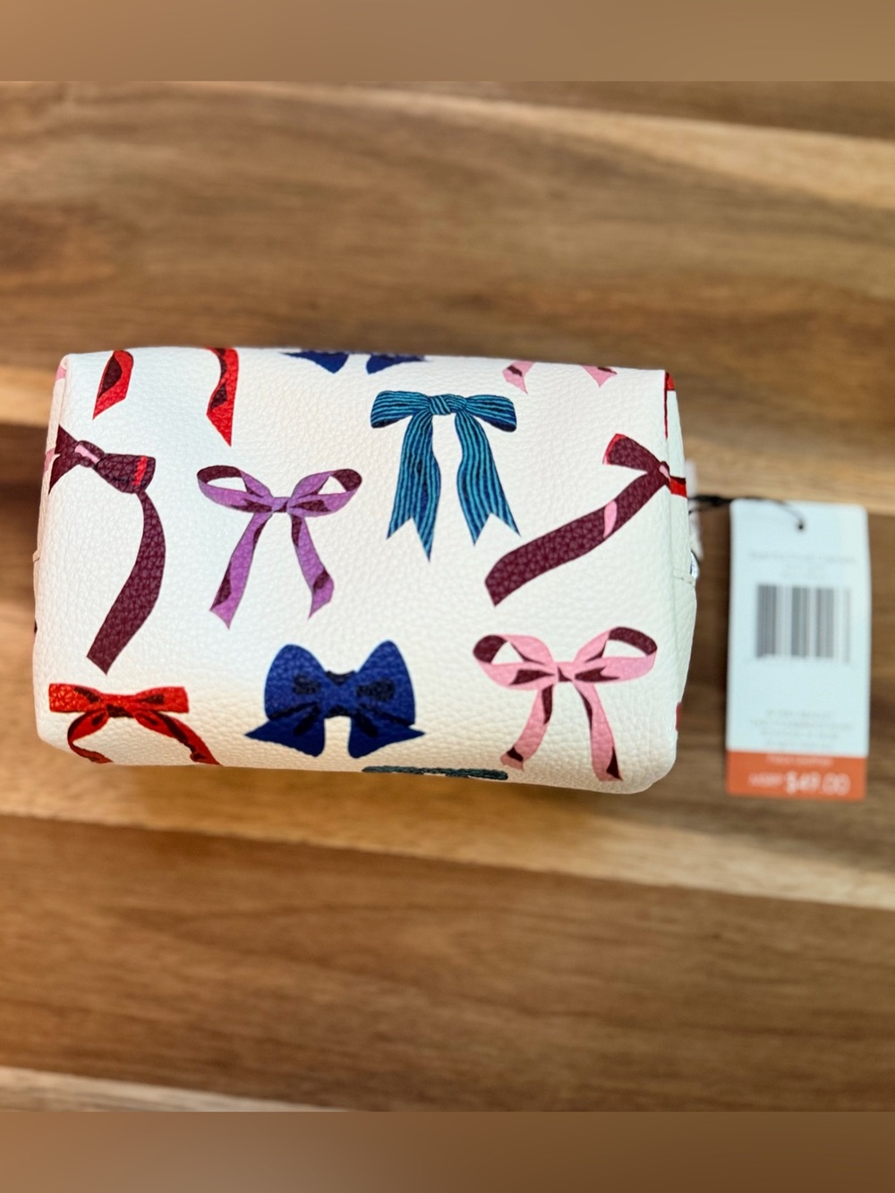 Vera Bradley White Cosmetic Pouch with Navy, Pink, Purple, Red and Teal Bows